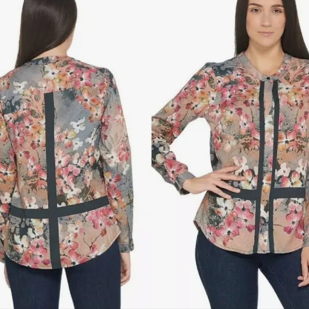 Tolani collection Adele button down Boho Floral patches Long Sleeve Blouse XL
